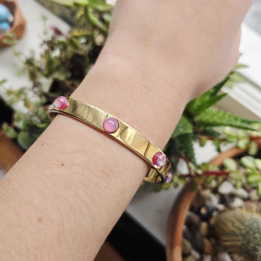 Vintage Gold Pink Triplet Opal Cabochon Bangle Bracelet